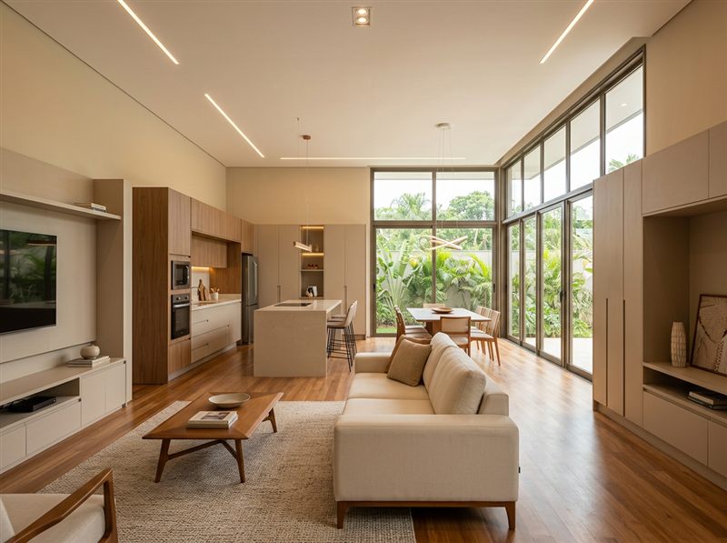 Sala de estar integrada com cozinha, ampla e bem iluminada, exemplo de arquitetura funcional